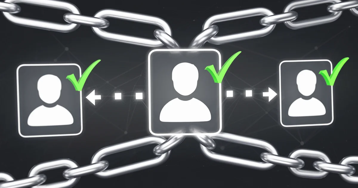 Verified identity links connecting a website to social media profiles with green checkmark indicators