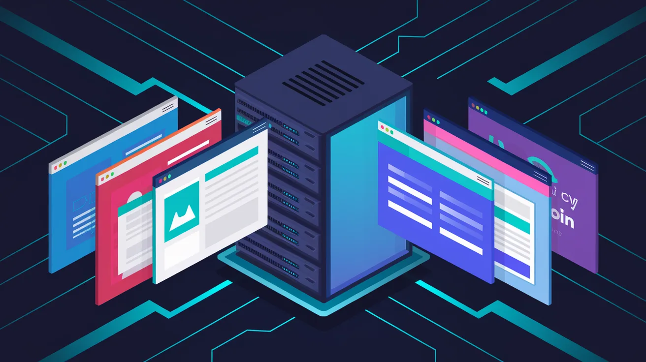 Isometric server rack morphing into multiple website screens