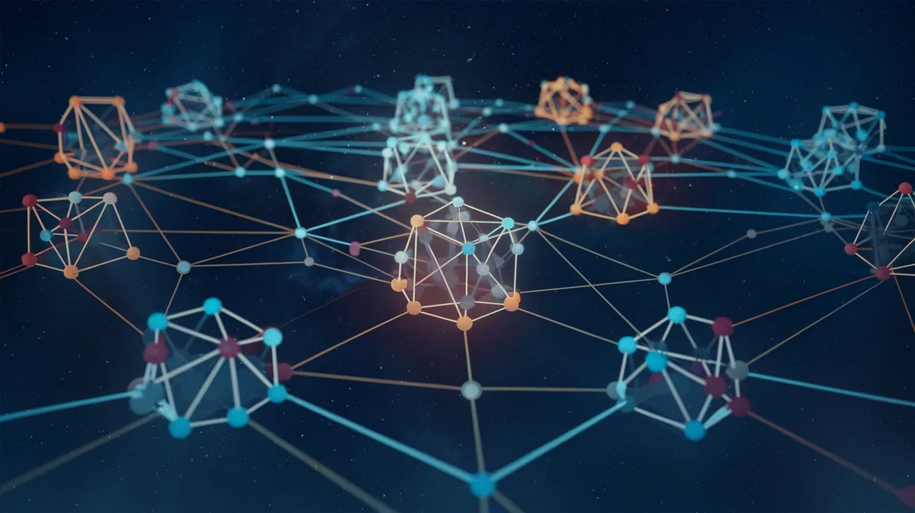 Interconnected web of glowing nodes representing 16 websites in a content network